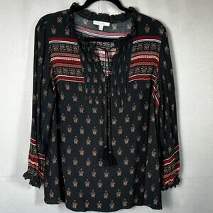 Women's Pale Sky Black Red Boho Peasant V Neck Tie Flowy Career Blouse Sz 1X